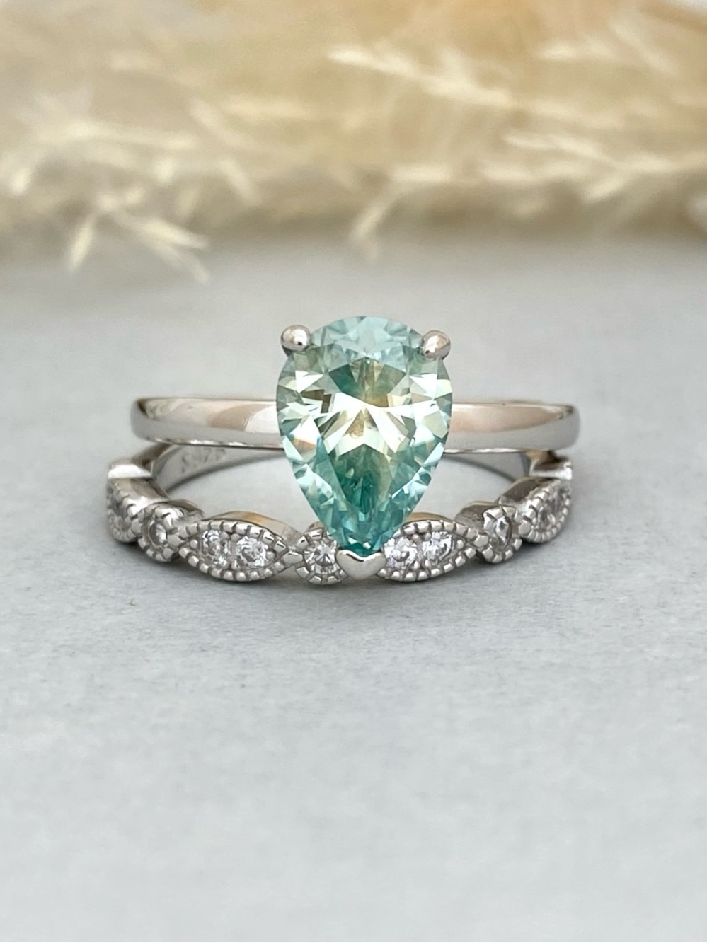 Sterling Silver Pear Shape Light Blue Moissanite Diamond 2pc Stackable Ring Set